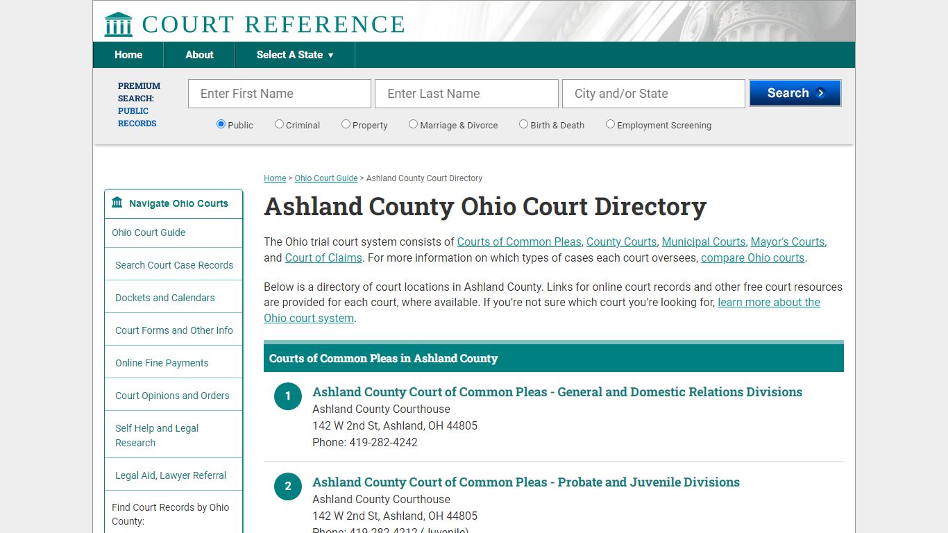 Ashland County Ohio Court Directory | CourtReference.com